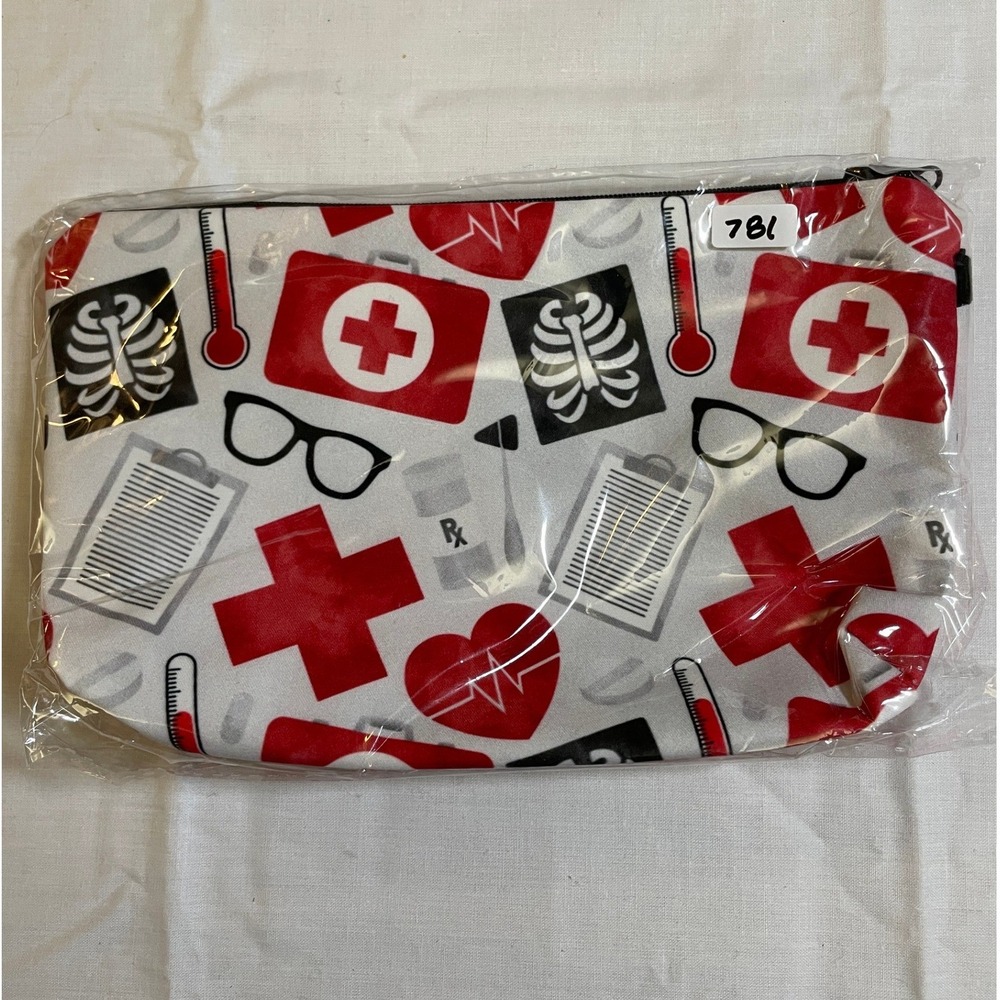 The Pouch Cosmetic Bag Red White NWT Medical Nursing Print Zipper Pouch
